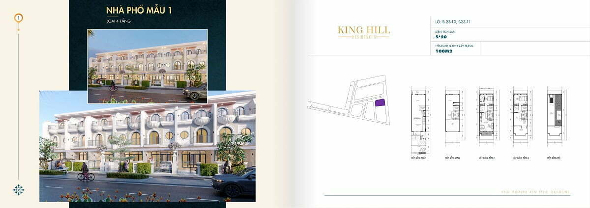 Phối cảnh và mặt bằng xây dựng nhà phố Mẫu 1 loại 4 tầng tại King Hill Residences