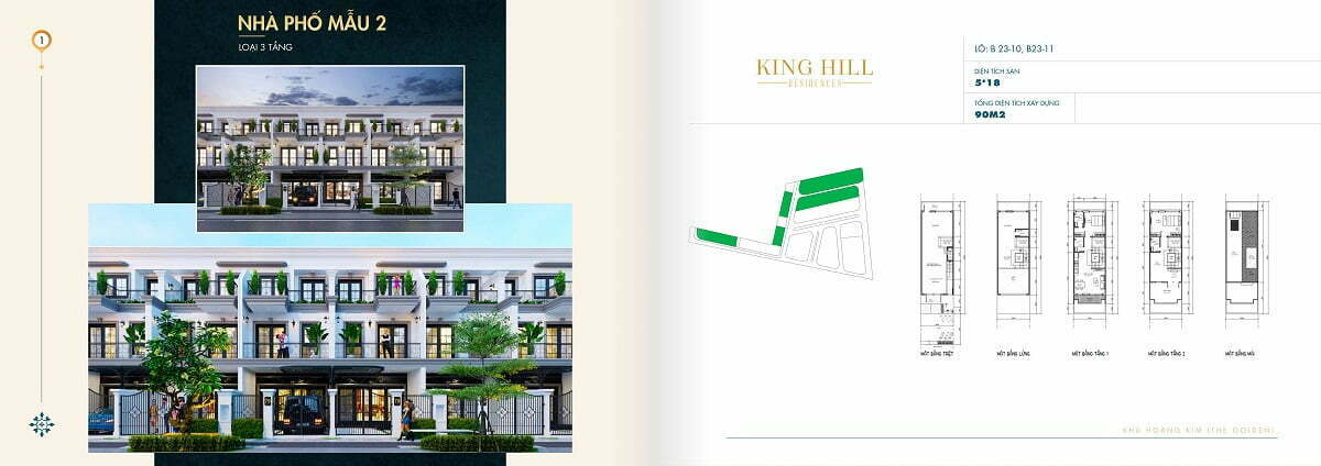Phối cảnh và mặt bằng xây dựng nhà phố Mẫu 2 loại 3 tầng tại King Hill Residences