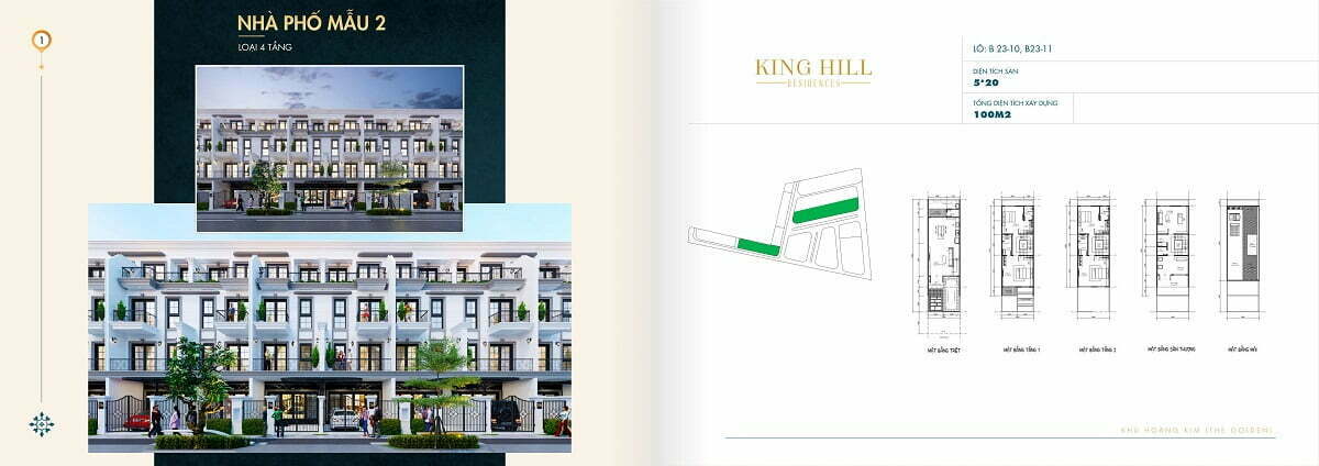 Phối cảnh và mặt bằng xây dựng nhà phố Mẫu 2 loại 4 tầng tại King Hill Residences