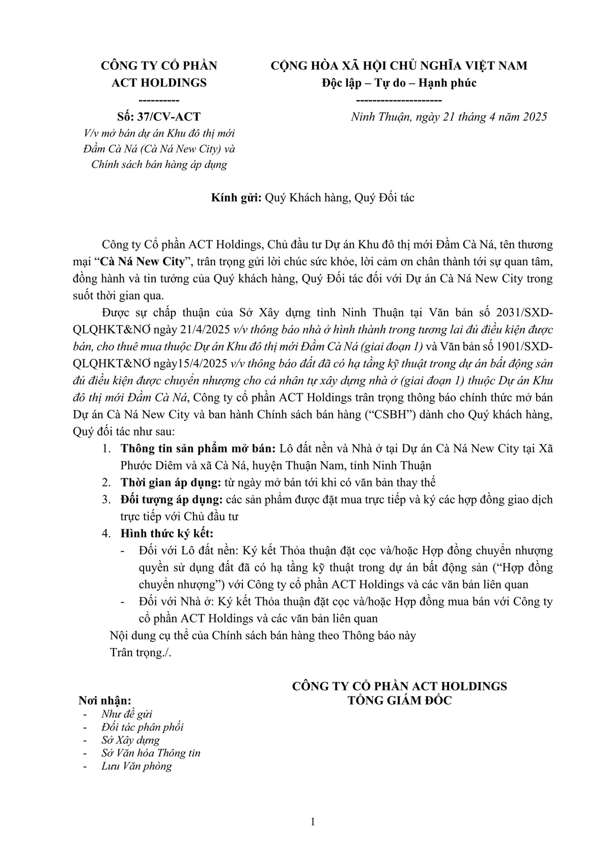 Thông báo của chủ đầu tư ACT Holdings cho khách hàng về việc hoàn thiện pháp lý Cà Ná New City Thông báo của chủ đầu tư ACT Holdings cho khách hàng về việc hoàn thiện pháp lý Cà Ná New City